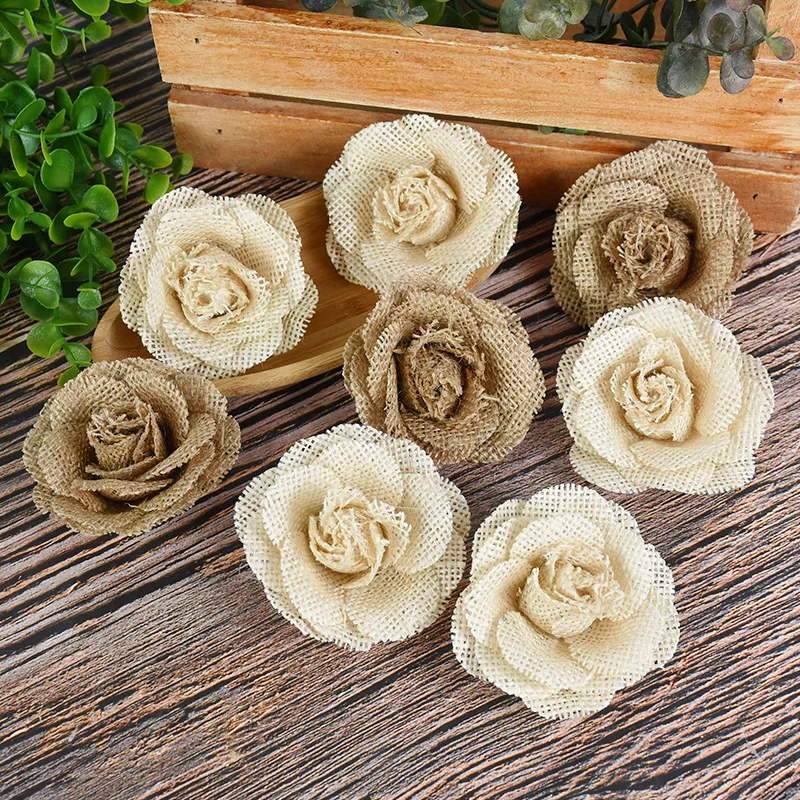 2/3/5pcs Natural Jute Burlap Hessian Rose Artificial Flower Rustic Vintage Wedding Party Decoration Handmade DIY Craft Accessory