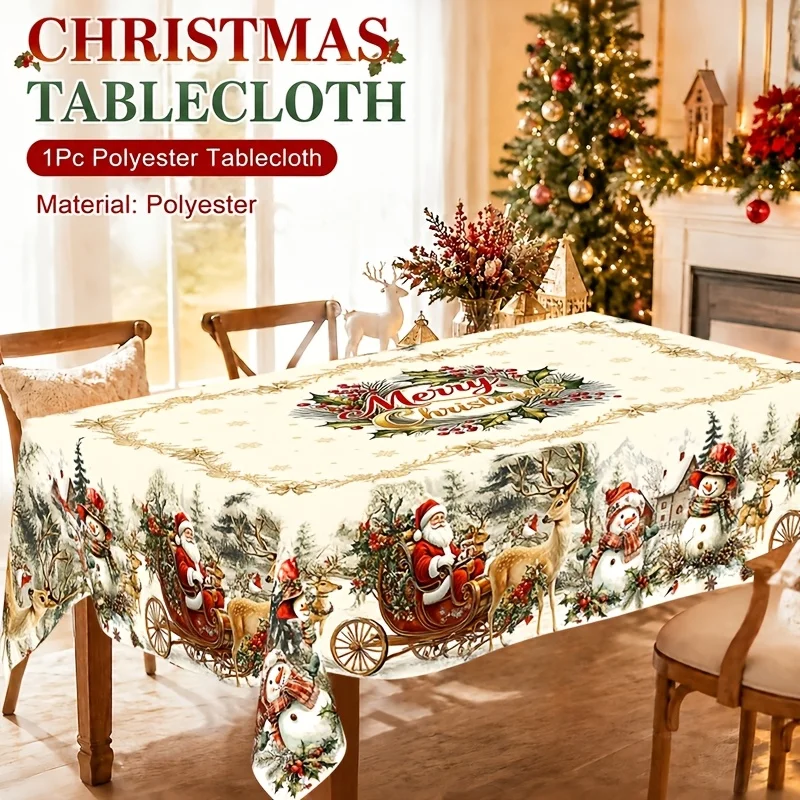 Image of 1 Stück Vintage Weihnachtstischdecke aus Polyester mit Weihnachtsmann-Schlitten und Schneemann-Motiv für Esszimmer