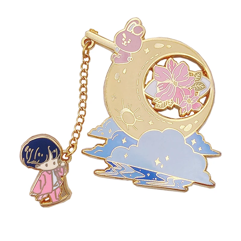 

Factory Cartoon Dream Moon Lapel Pin Pink Bunny Fishing Chain South Korea's Handsome Stars Hard Enamel Gold Metal Badge For Gift