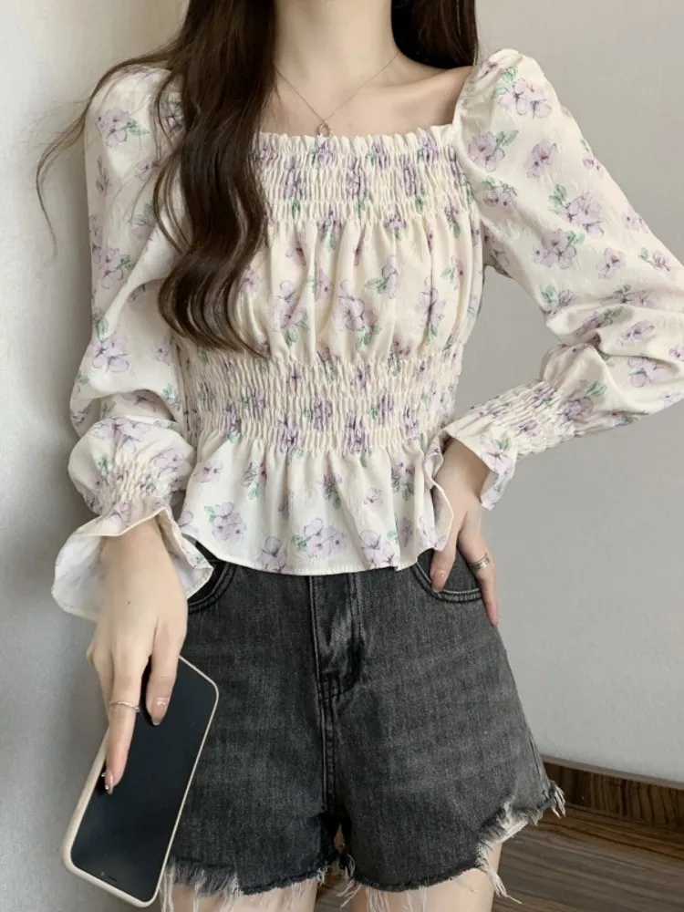 

Floral Print Long Sve Chiffon Top Women's Spring Faion Design Pleated Waist Slim Bubble Sve ort Length Blouse