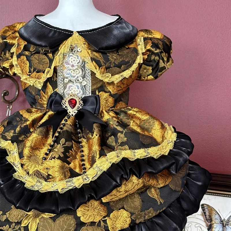 Trendy Vintage Handmade Pet Dog Clothes Luxury Black Gold Embroidery Print Party Dress For Small Medium Dog Puppy Outfits Skirts