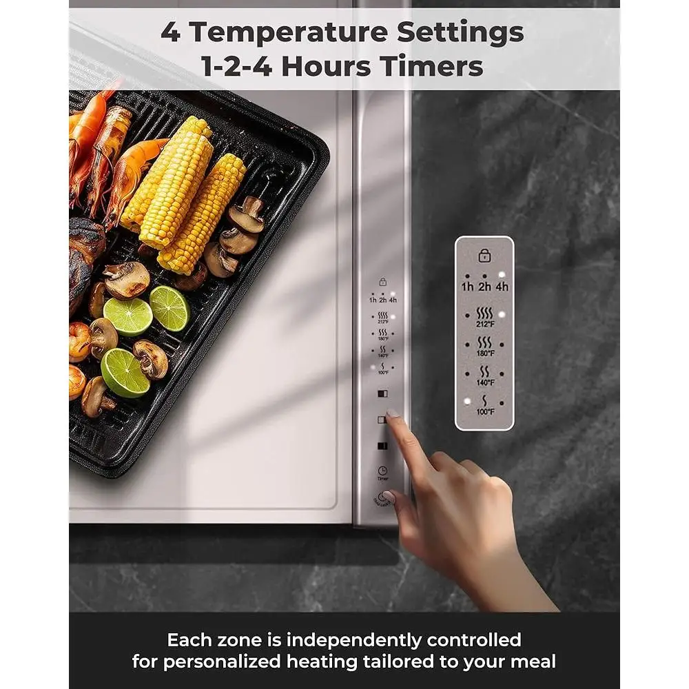 Dual Heating Zones Food Warming Mat with 4 Temp Settings Easy Clean Silicone Auto Shut-Off Timer Portable Electric Food Warmer