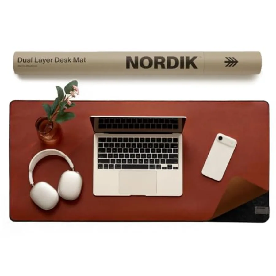 Nordik Felt and Leather Desk Mat - - 35x17 Inch Felt and Vegan Leather Desk Blotter with Document Hideaway - Large Computer Mat