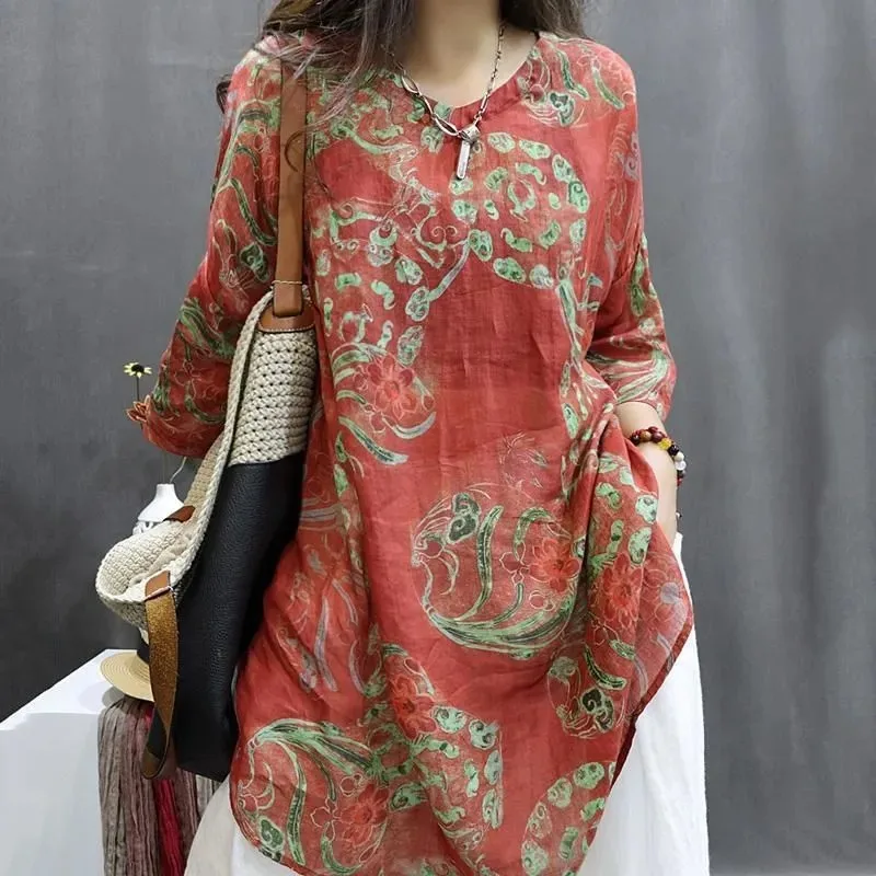 

Women's Vintage Floral Print Linen Blouse Loose Half Sleeve Casual Mid-Length Top