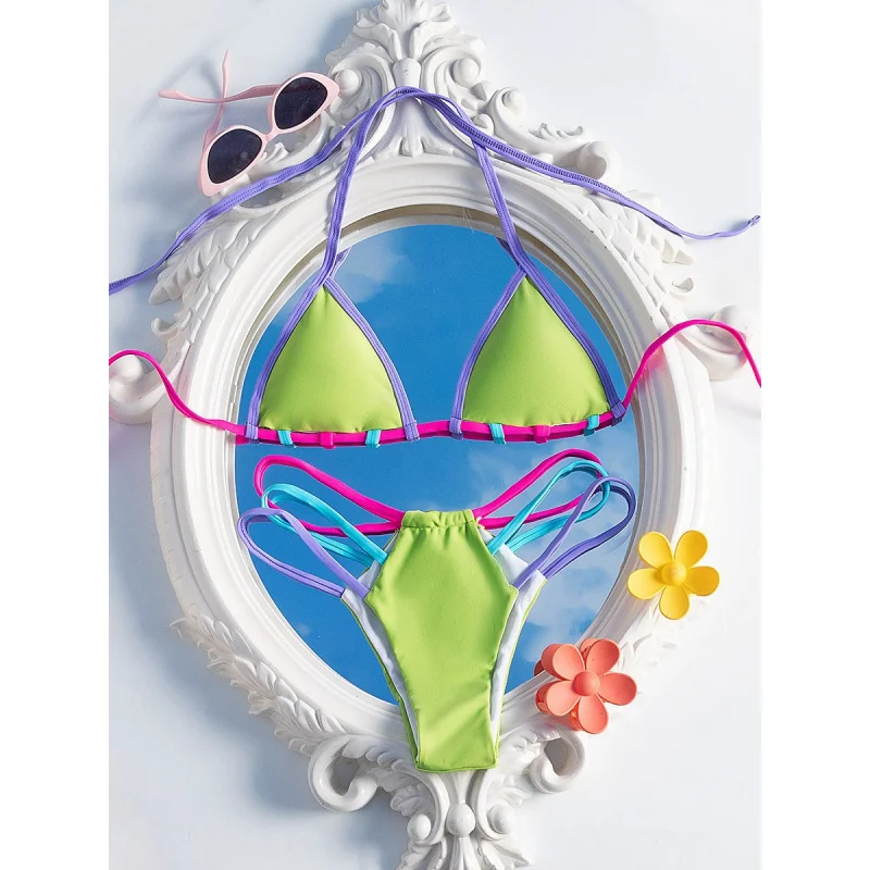 

Bikini2025New In-Stock Swimwear for Women Colorful Two-Piece Triangle Cup Contrast SwimsuitbikiniSpot Goods