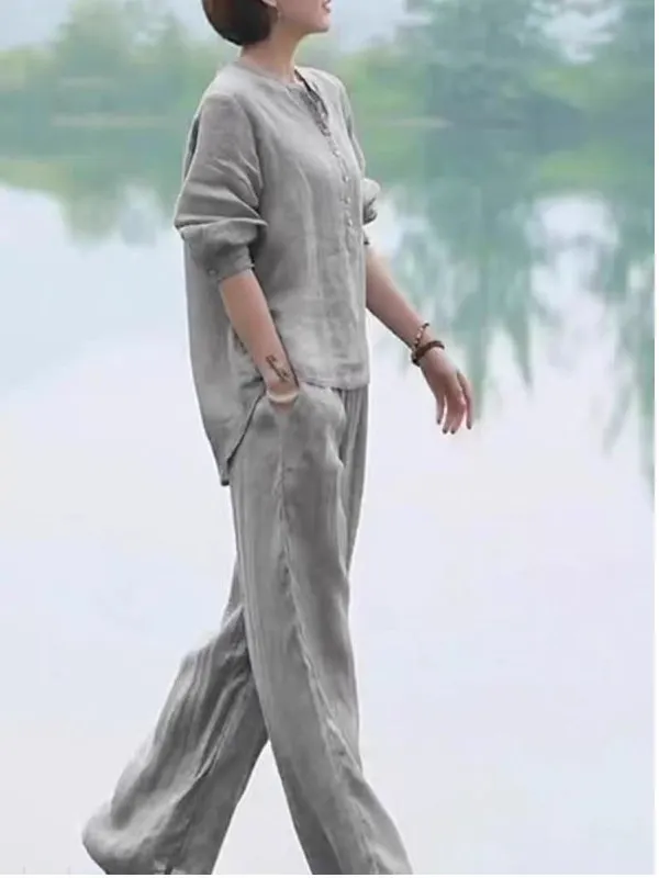 طقم ريترو زن من القطن والكتان irt طقم نسائي صيفي رقيق من Seven Sve بنطال ذو قصة أرجل واسعة مكون من قطعتين مريح للتنفس