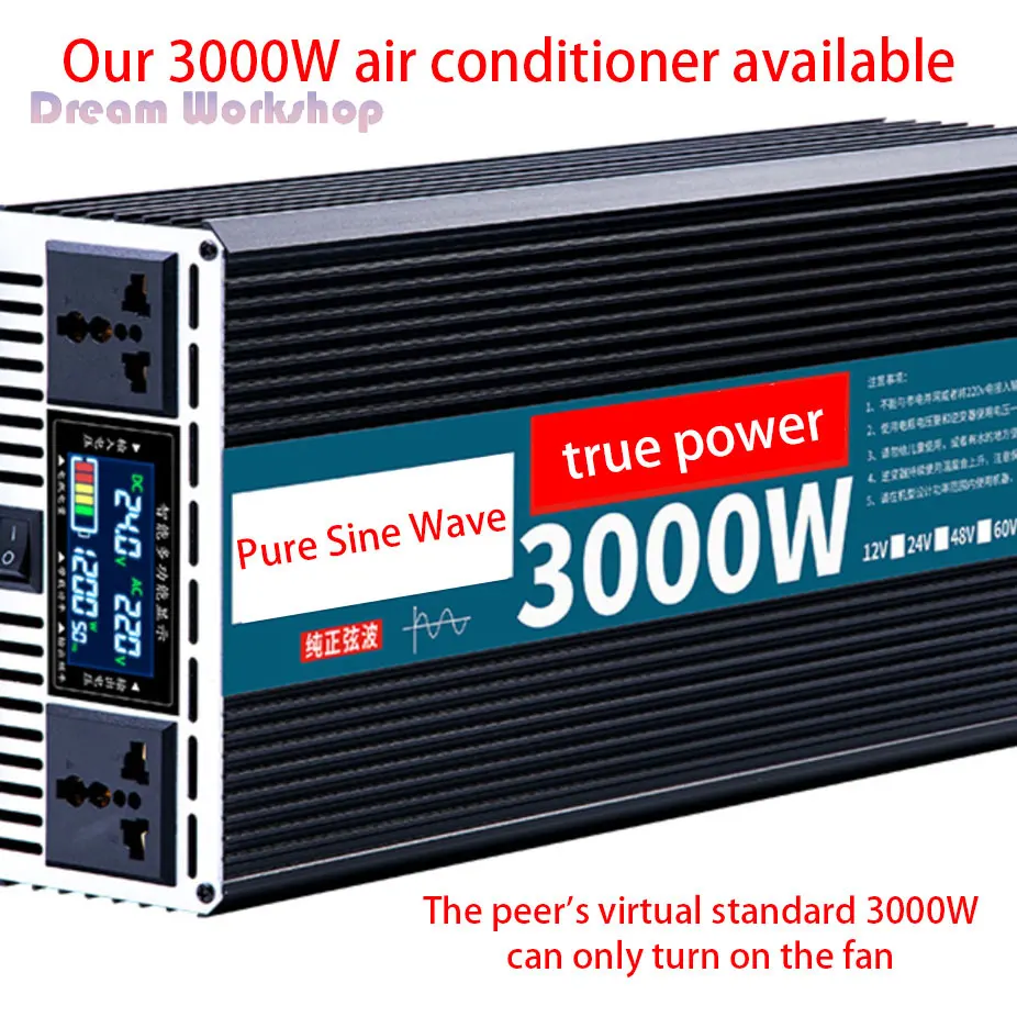 Inverter a onda sinusoidale pura potenza nominale reale 1000W 1300W 1800W standard non virtuale DC 12/24/48/60/72V a inverter solare per auto AC 220V