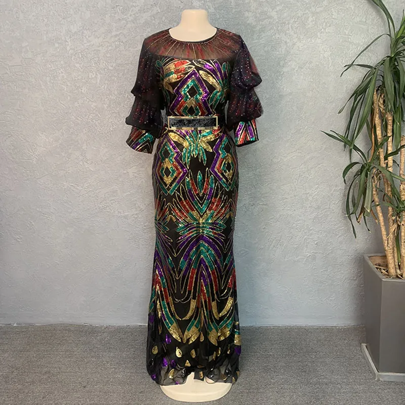 Imagem -03 - Sexy Africano Vestidos de Noite para Mulheres de Luxo Elegante Preto Lantejoulas Miçangas Festa de Casamento Maxi Vestido África Senhoras Dashiki Vestidos