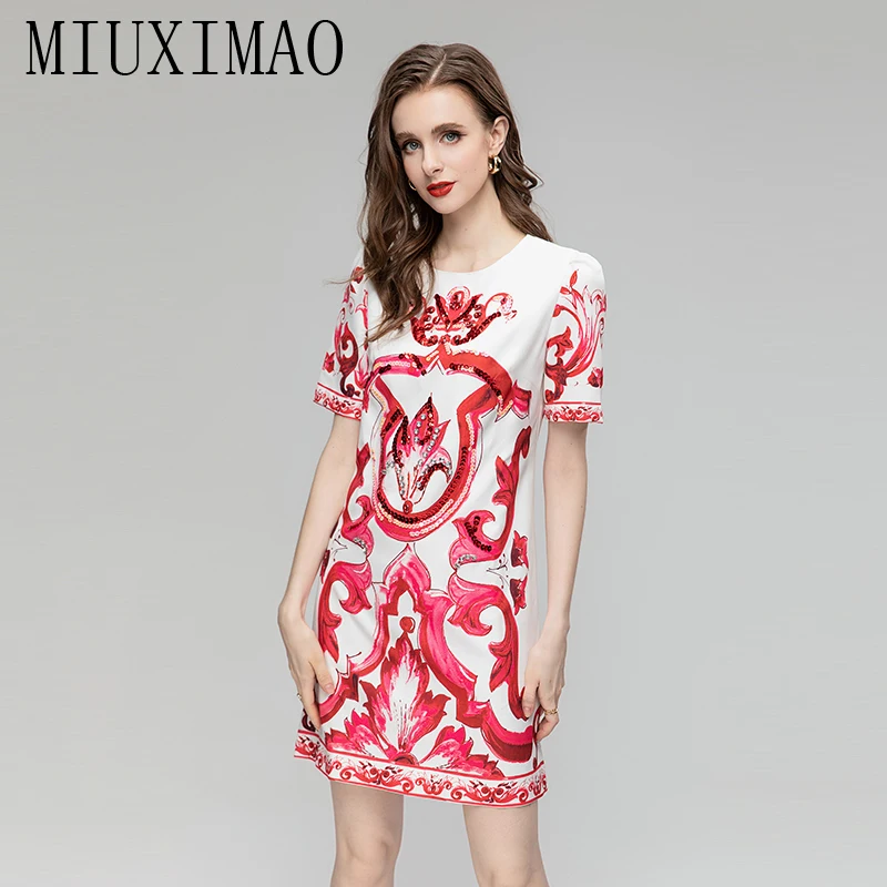 

MIUXIMAO 2023 Fall Dress Italian Sicilian style Short Sleeve Red porcelain Print Diamond Fashion Slim Mini Dress Women