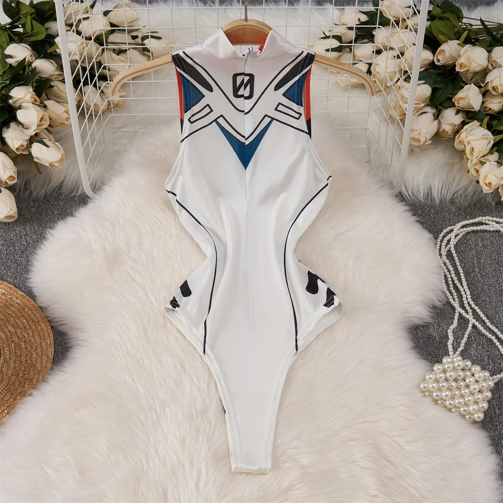 흰색 귀여운 달콤한 만화 인쇄 점프 슈트 하프 하이 칼라 민소매 스키니 란제리 Bodycon 바디 슈트 Rompers Catsuits Clothes