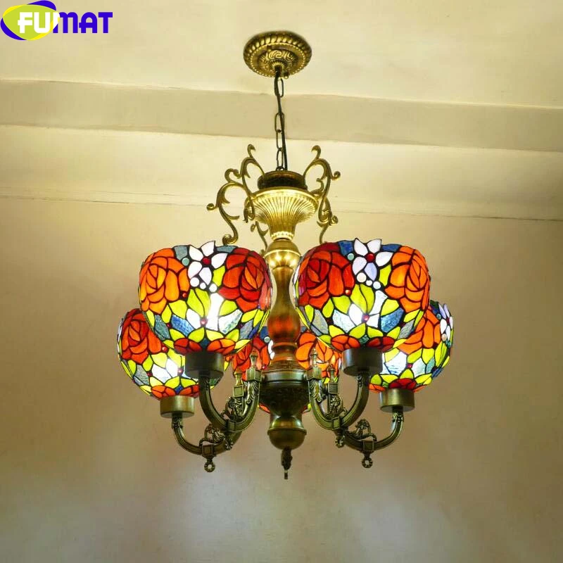 

FUMAT 5 Arms Tiffany Style Pendant Lamp Stained Glass Hanging Light Fixture Dragonfly Parrot Flower Shade Home Decor Chandeliers