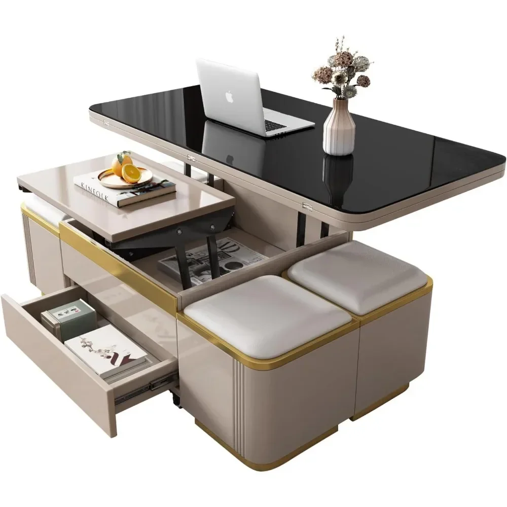 Lift Top Coffee Table with 4 Storage Stools, Lift Tabletop Sofa Table,Multi-Functional Working Table,Low Floor Table