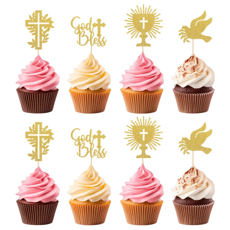 YOMDID 24 Stück Cupcake-Topper mit Kreuzmotiv, glitzernde Cupcake-Picks mit Klebepunkten für Taufe, Feier, Geburtstagskuchen, Dekoration – Detail 6