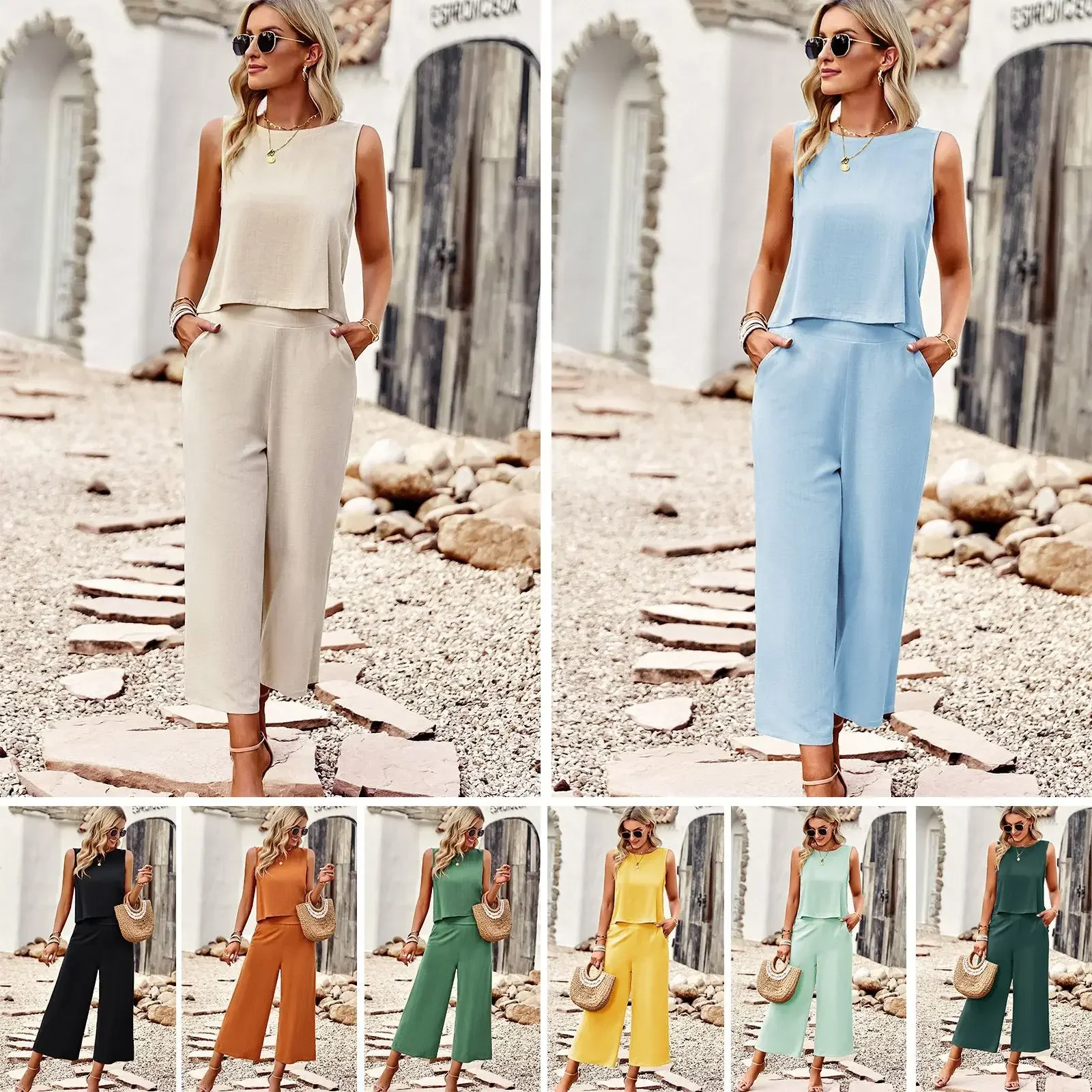 

Women's New Cloting Set Summer Female Solid Color O-neck Sleeveless Tops + Ninth Pants Wide Leg Pants 2 Piece Sets Women Outfit
