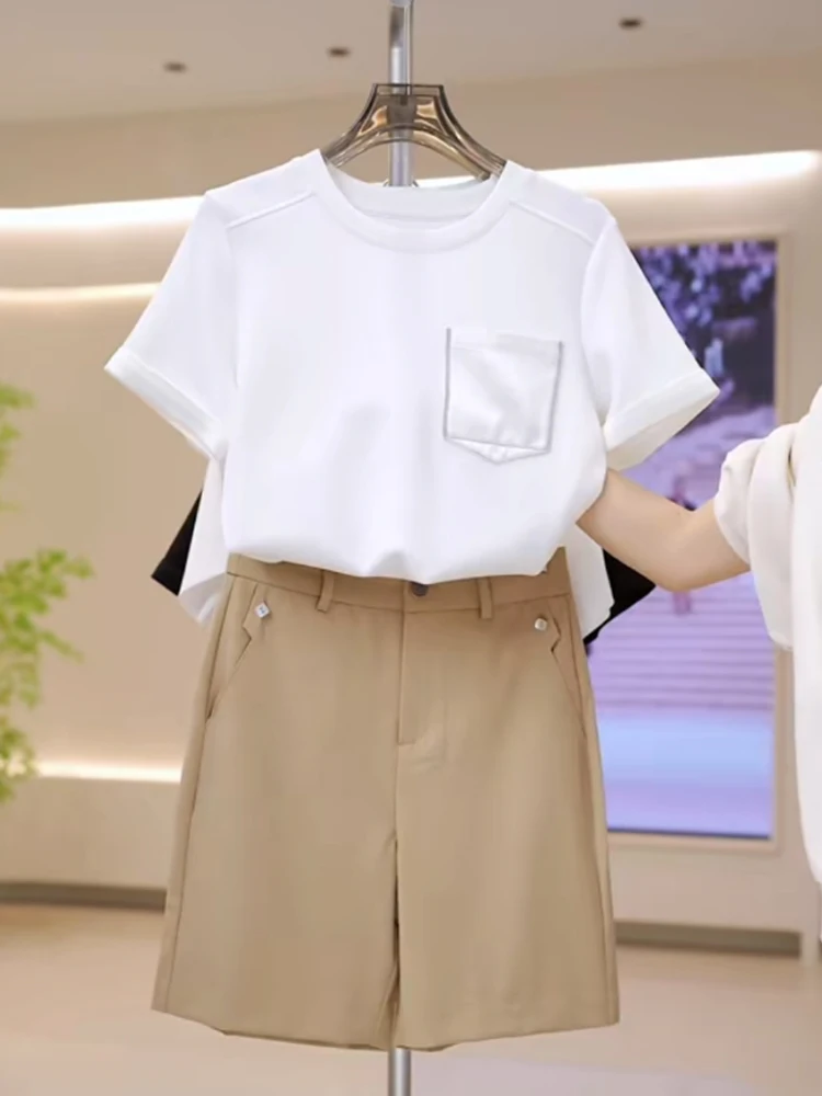 قميص صيفي جديد ناعم ومريح من القطن برقبة مستديرة وأكمام قصيرة مع تصميم جيب، قميص أساسي بأسلوب عملي على الطراز الكوري بقصة مست...
