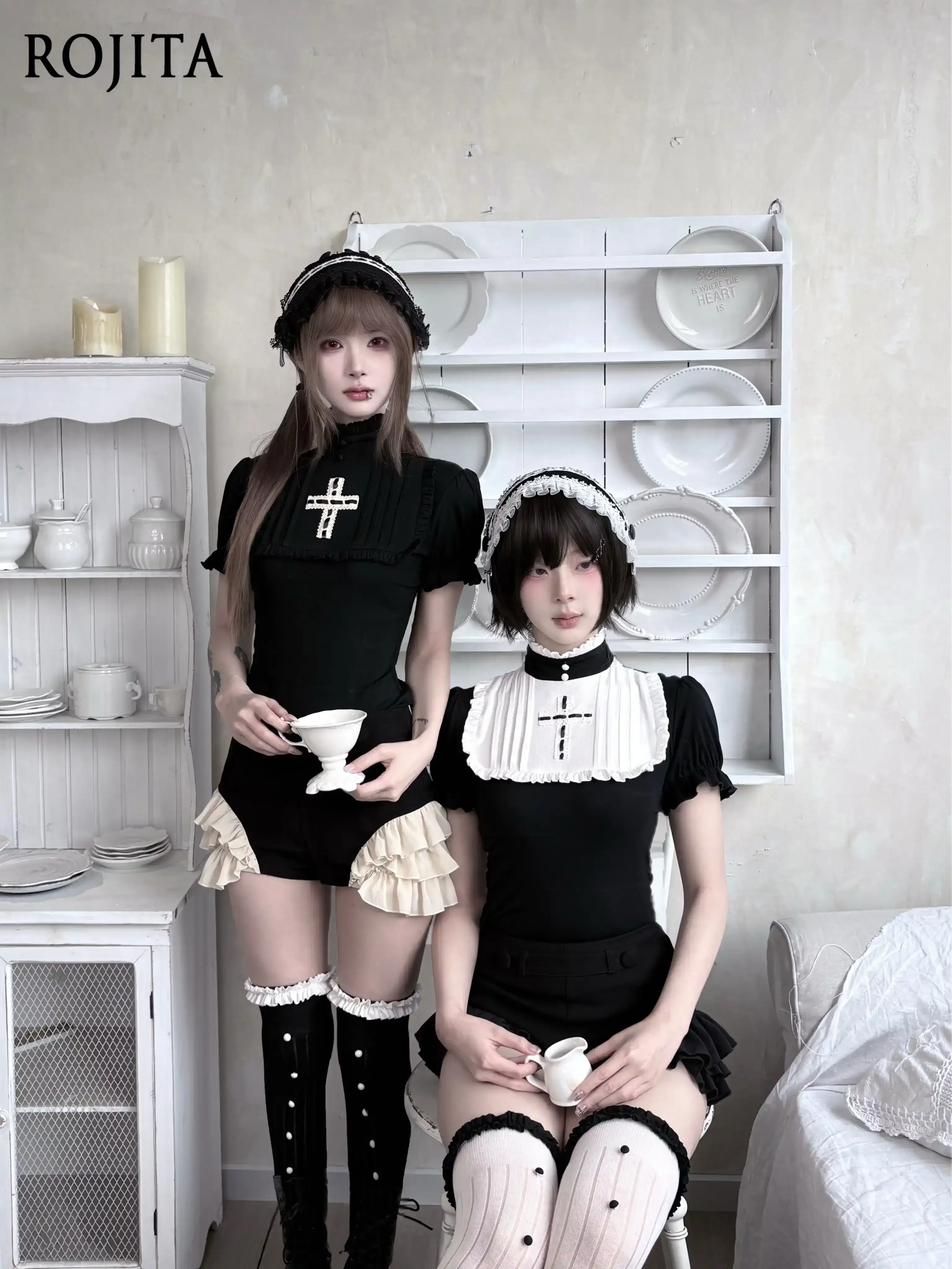 Japanese Gothic Style Stand Collar Short-sleeve Tshirt Silm Black Top Y2k Lace Shorts Sold Separately
