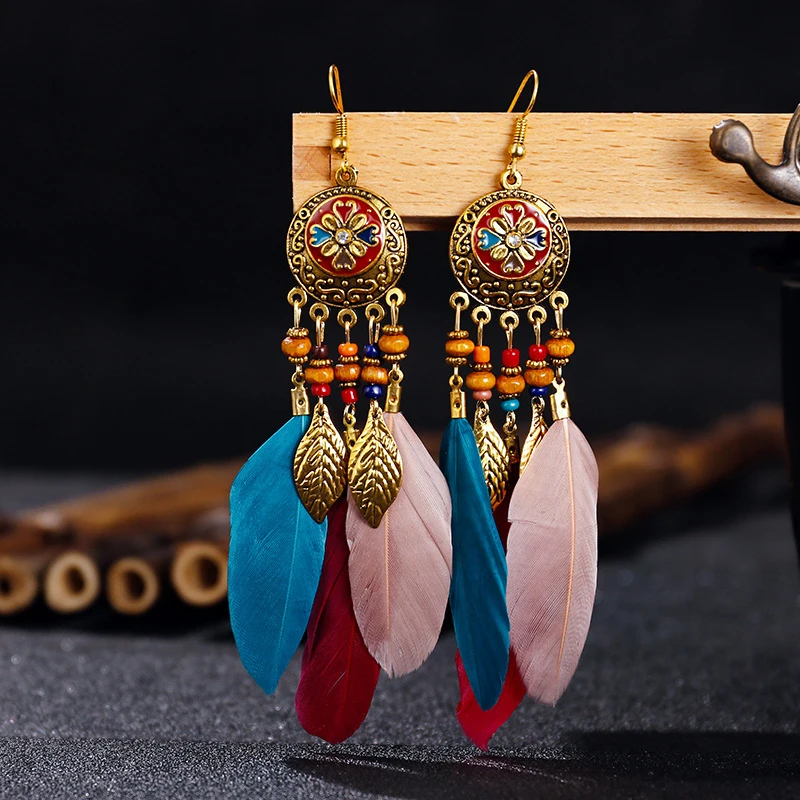 Bohemian Vintage Jewelry For Women Trendy Carved Leaf Feather Tassel Long Earrings Boho Flower Beads Handmade Wedding Earrings