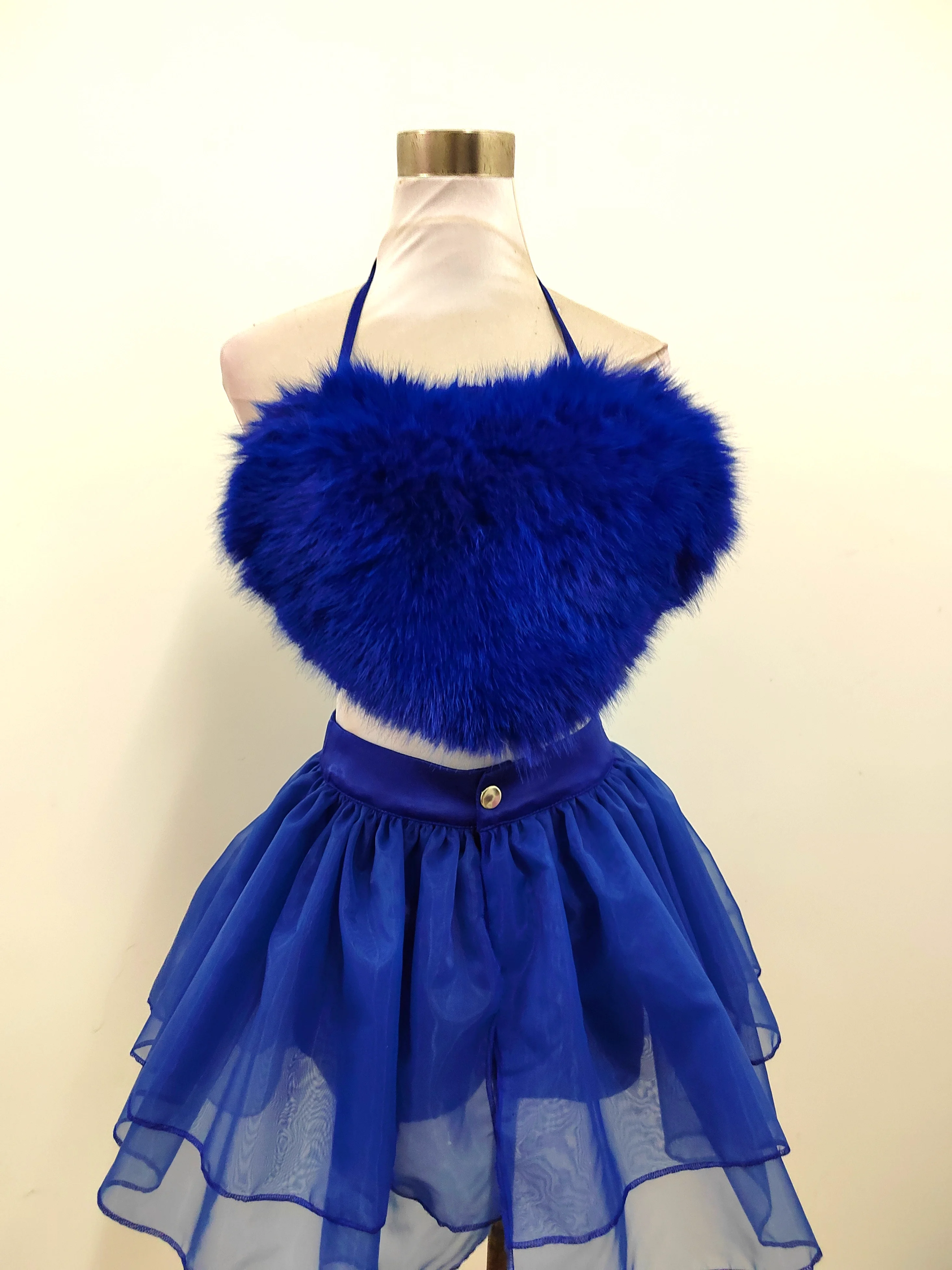 

Female Jazz Dance Troupe Performance Attire Nightclub Bar Singer Stage Costume Sexy Blue Heart Plush Fluffy Top+Gauze Skirt Set