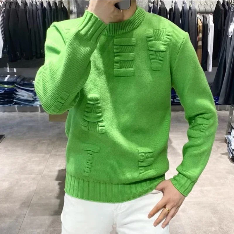 Suéter de punto con cuello redondo para hombre, jerseys verdes de cuello redondo, jerséis de moda coreana, camiseta suelta