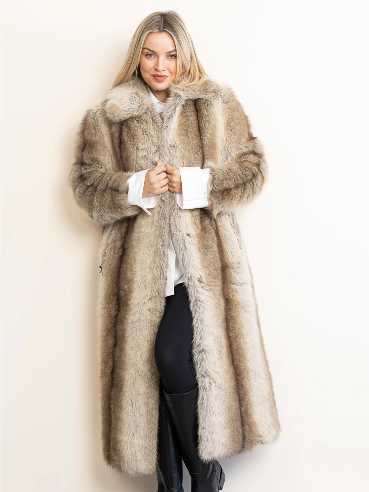 DFDG Women 2026 Lapel Collar Long Faux Fur Coat Full Length Fluffy Plush Warm Winter Luxury Evening Street Outerwear Jacket