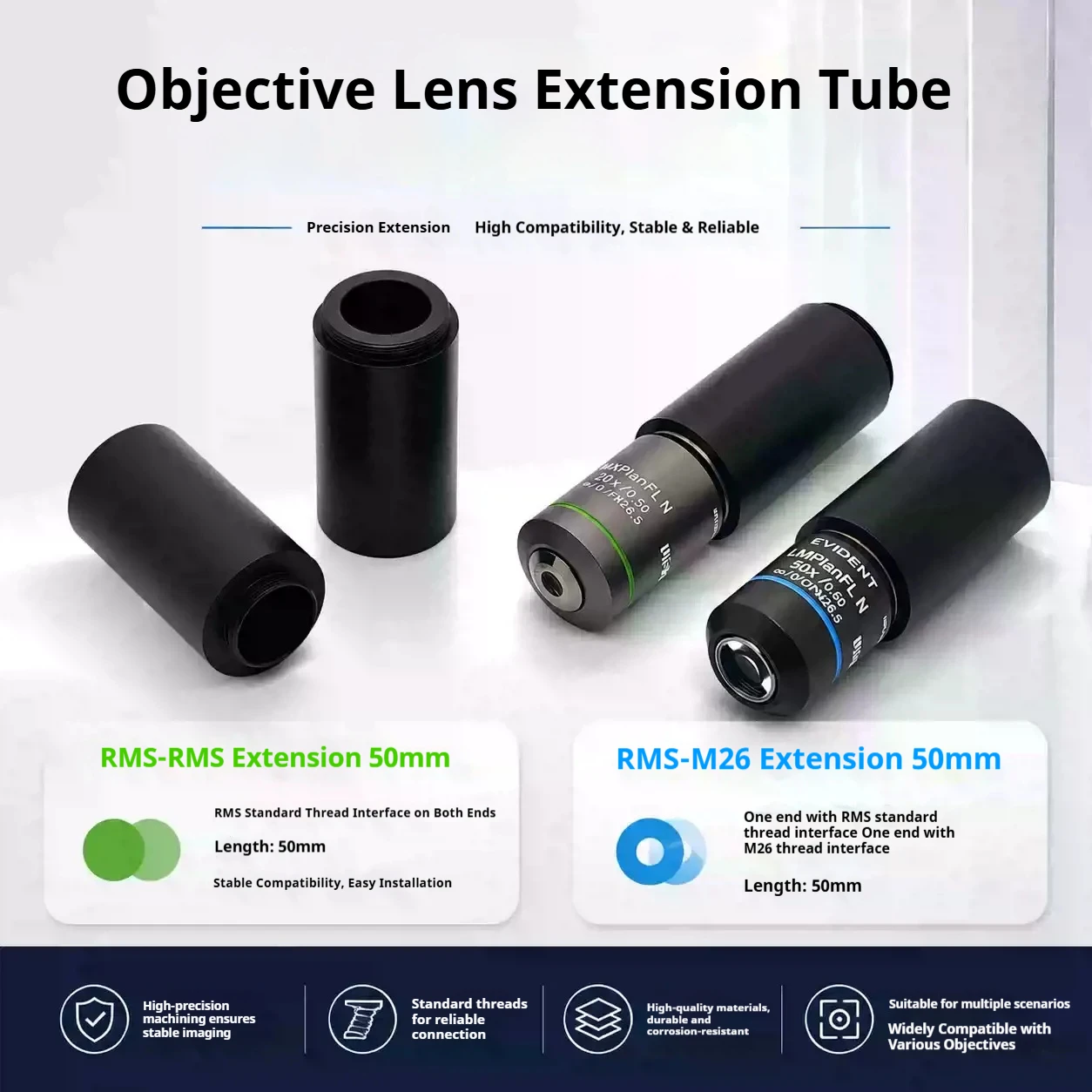 50mm Microscope Objective Extender RMS to RMS RMS-M26 Thread Adapter Ring Match 95mm Parfocal Length Industrial Optical Fitting