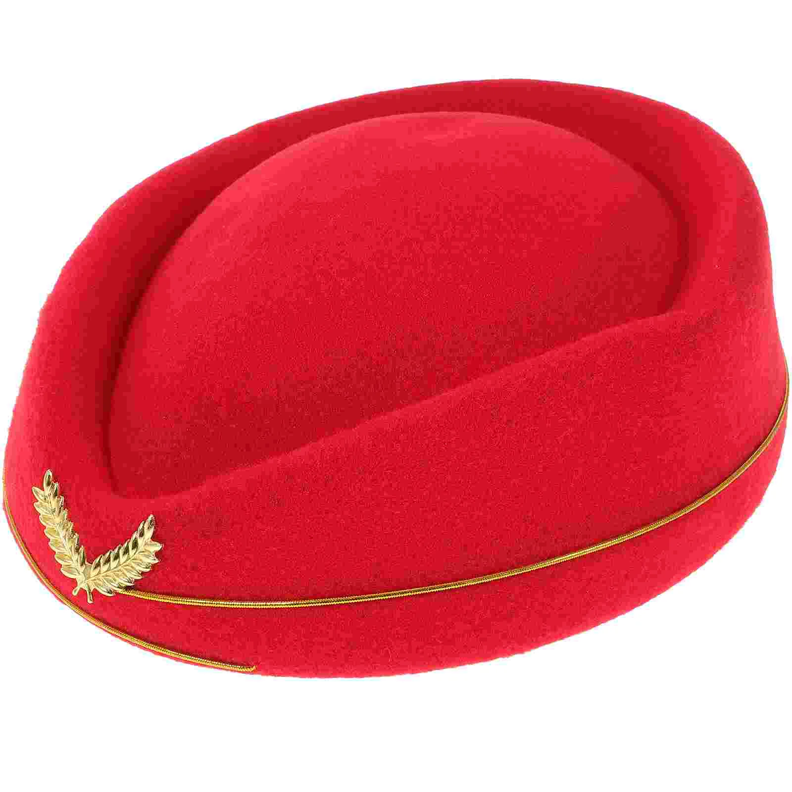 Women Air Stewardess Hat Woolen Flight Attendant Hat Stewardess for Costume Cosplay Musical Performance - Size M(Red)