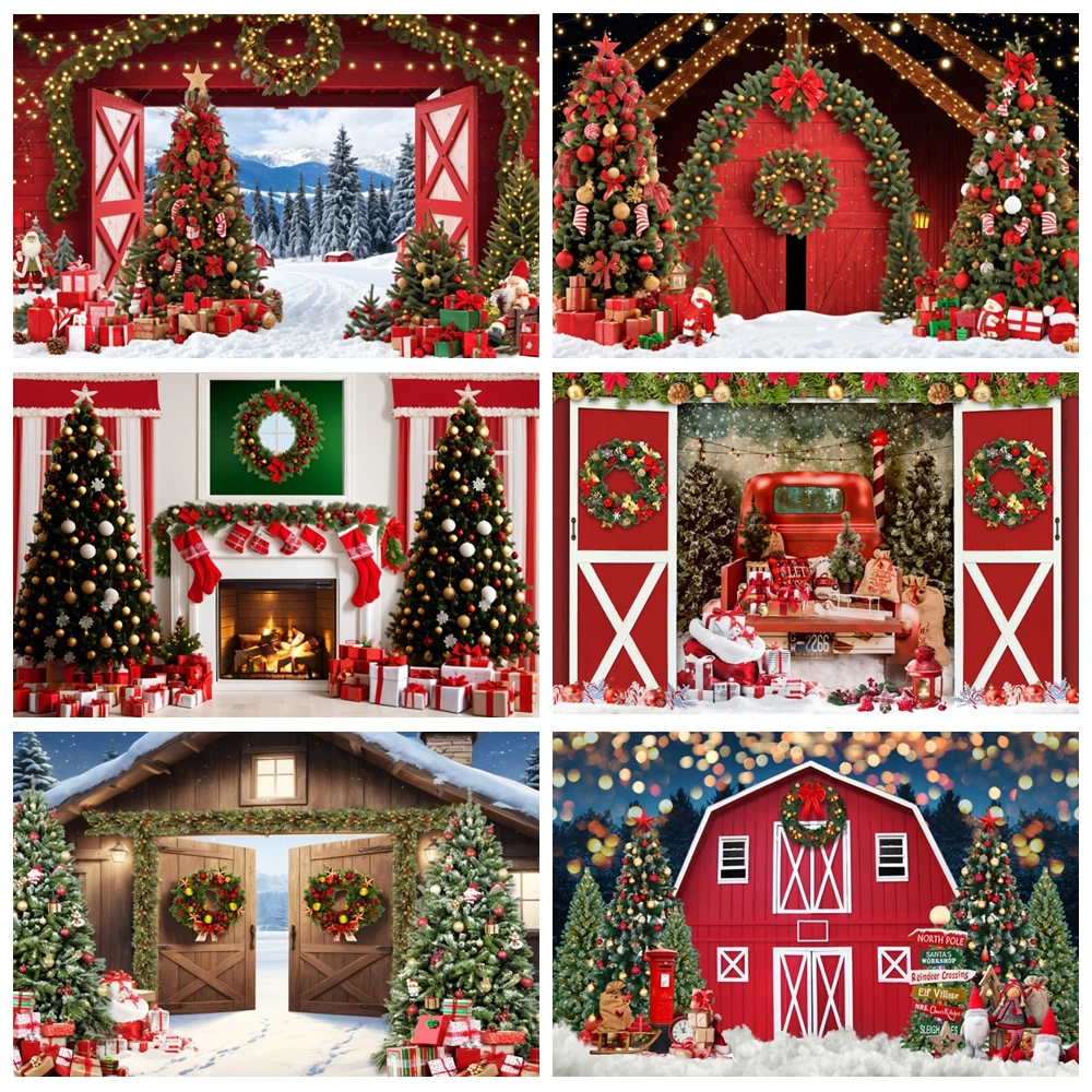 

Christmas Backdrop Red Wooden Door Xmas Tree Forest Gifts Fireplace Wreath Christmas Kids Family Portrait Photography Background