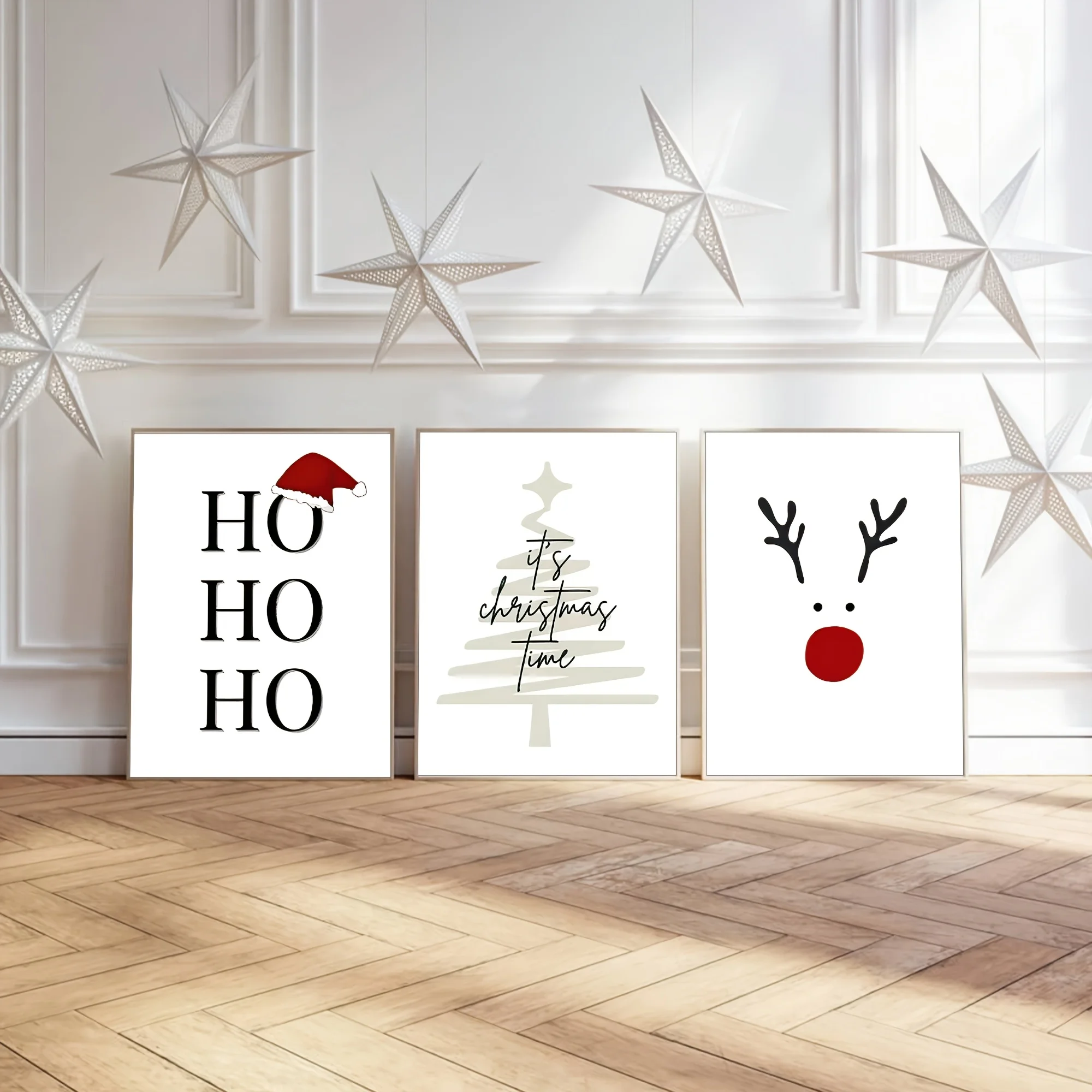 Juego de arte de pared en lienzo navideño Art Deco de 3 uds, impresiones festivas de letras y renos sin marco, decoración clásica moderna para el hogar de vacaciones, Indoo