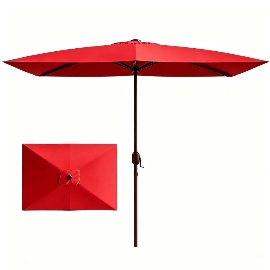 

Outdoor patio umbrella for rectangular tables, polyester fabric, red, waterproof with crank handle and 6 sturdy ribs