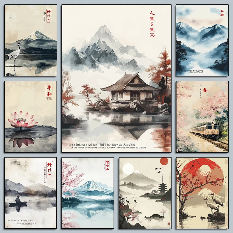 Pósteres japoneses vintage, impresiones del Monte Fuji, pintura en lienzo de flor de loto y pesca en el lago, cuadros de pared para decoración del hogar y sala de estar