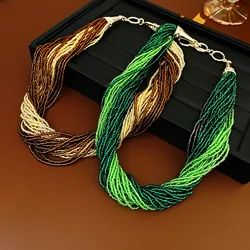 French Vintage Winding Green Multi-layer Rice Bead Necklace for Women Fashion Personality Collarbone Chains Light Luxury Jewelry