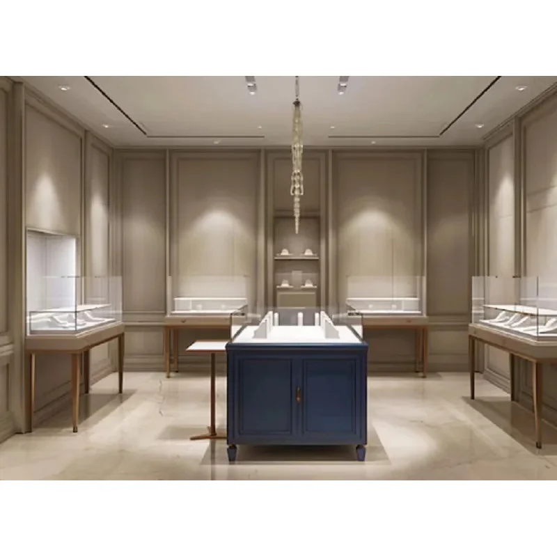 custom.French Vintage Style Navy Blue Jewelry Display, Premium Glass Showcase with LED Lighting High-End Jewelry Boutiq