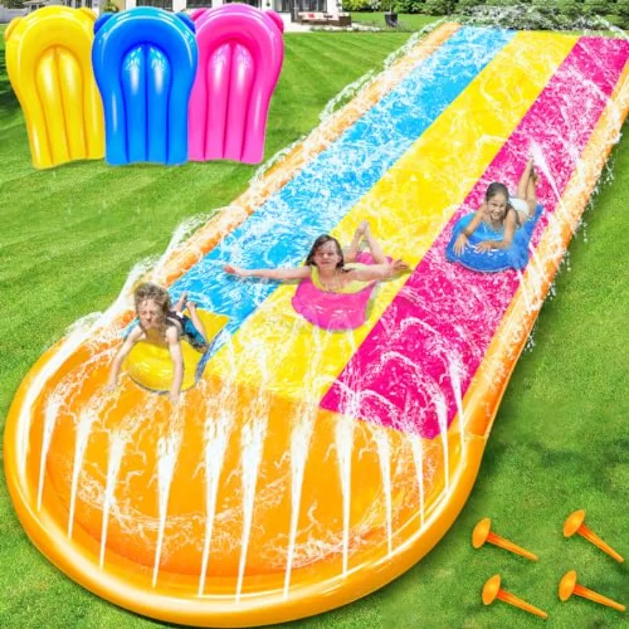 

Backyard lawn water slide for summer outdoor fun: 3-sided safe fence extra-width triple-slip design 3-way sprinklers includes 3