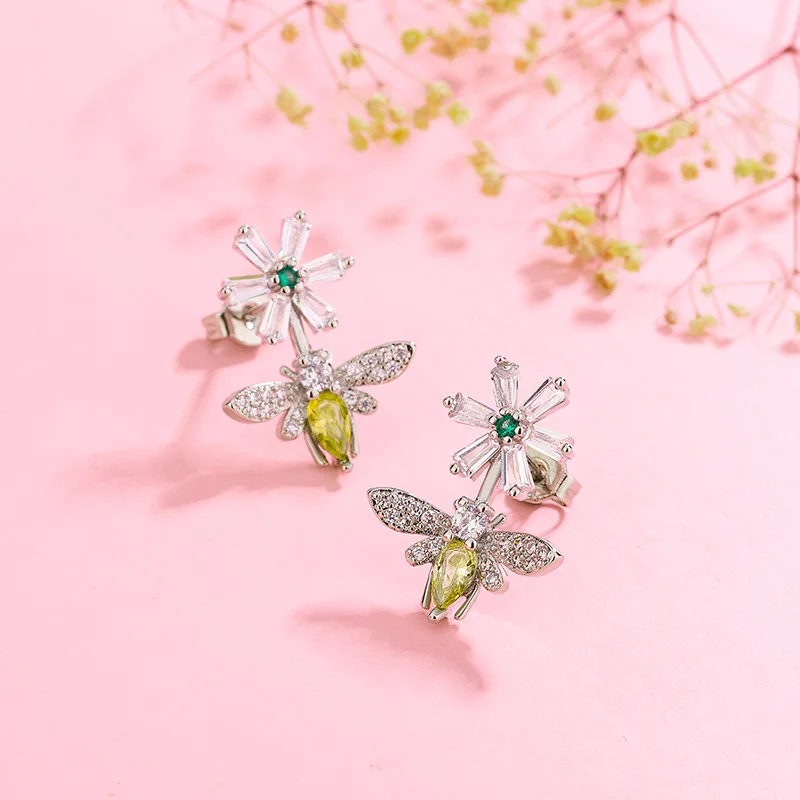 

925 Silver Bee Daisy Jewelry Set, CZ Zircon Earrings Necklace, Floral Gift for Women