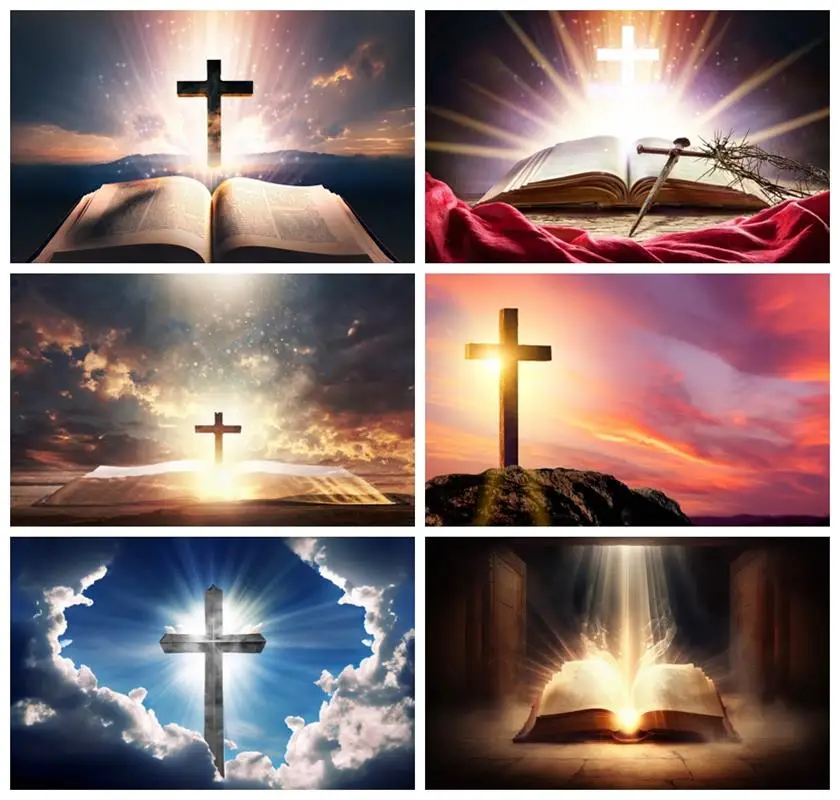 

Laeacco Glowing Crucifix Opened Bible Book Backdrop Jesus Christ God Belief Cross Church Easter Portrait Photography Background