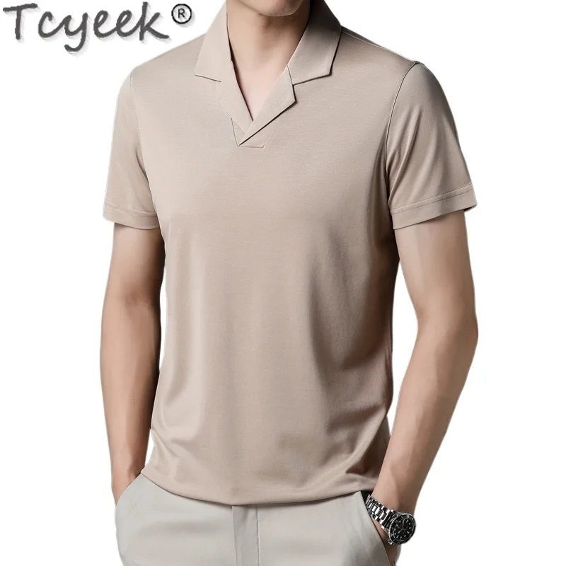 Tcyeek 8.7% Mulberry Silk +13.3% Cotton T-shirts Thin Style Mens T-shirt Solid Color Casual Short Sleeve Top Summer Clothes 2024