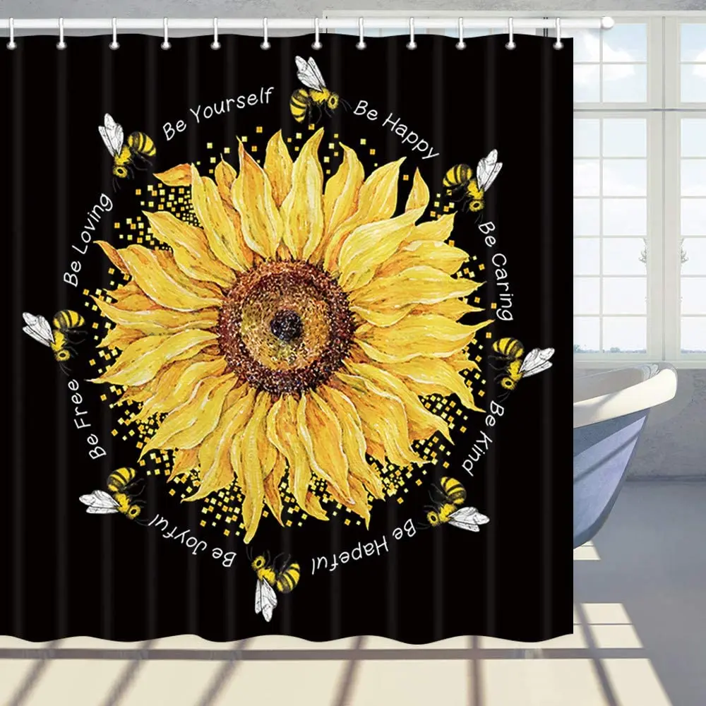 Sunflower Shower Curtain Floral Sunflower Bee Motivational Inspirational Word Quotes Polyester Fabric Bath Curtains with Hooks