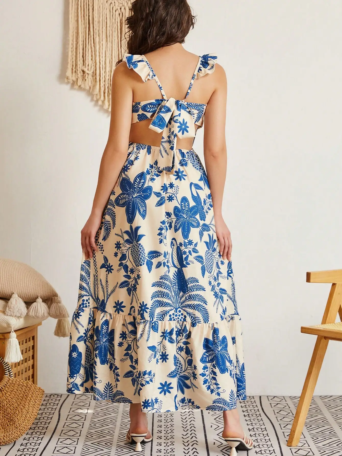 2024 Fashion Summer Spaghetti Strap Dress Women Sexy Hollow Backless Dresses Elegant Blue Floral Boho Vacation Sundress Vestidos