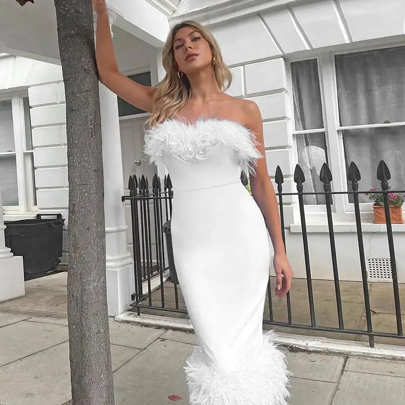 

Women Dresses Sleeveless Slash Neck Party Dress Solid Pullover Feathers Pencil Vestidos Sexy Wrap Buttocks Chest Wrapping 2024