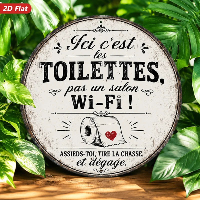 2D Flat, 1pc Funny Bathroom Humor Round Metal Sign Wall Art, Ici C'est Les Toilettes Text, Home Decor, Toilet Paper Roll Icon, R