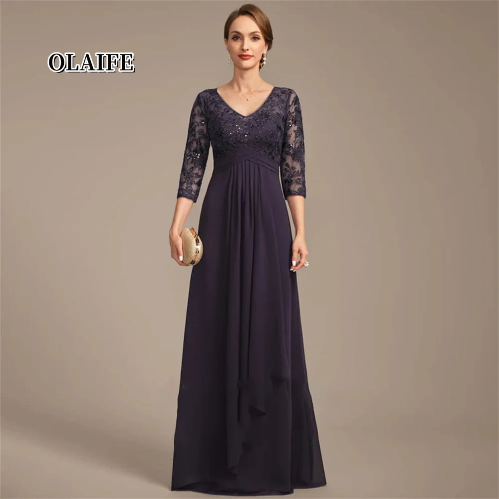 

New V Neck Mother Of The Bride Dress A-line Floor-Length Chiffon Lace Sequins Formal Dresses Vestidos Mae Da Noiva Casamentos