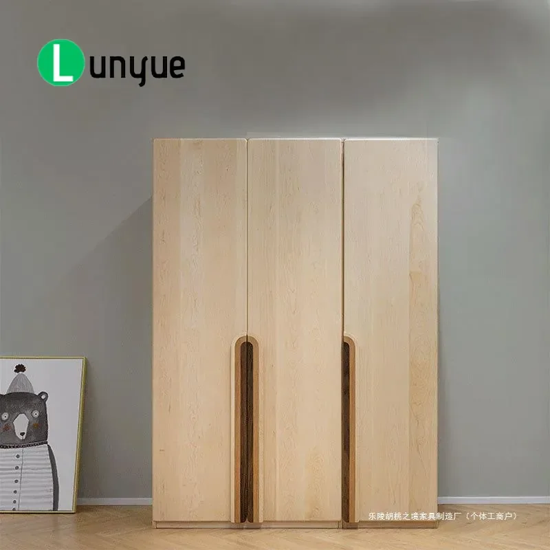 North American Hard Maple Kids Wardrobe Retro Japanese Style Solid Wood Double Door Locker Simple Design for Children Bedroom