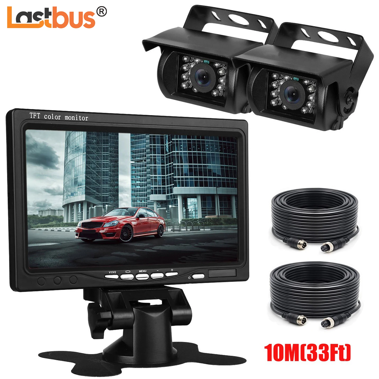 

Lastbus 7" HD Screen Monitor + Dual Reversing CCD 4PIN Camera + 2x 33Ft / 10m 4PIN Aviation Cable For Truck Caravan BUS VAN RV