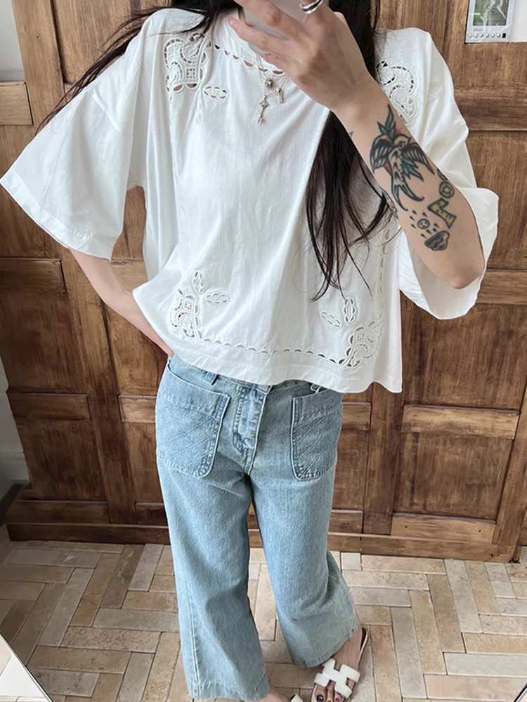 

Elegant Hollow out Embroidery T-Shirt Women's Loose Fit Cotton Shirt with White Frame Spring Summer Fashion French Style