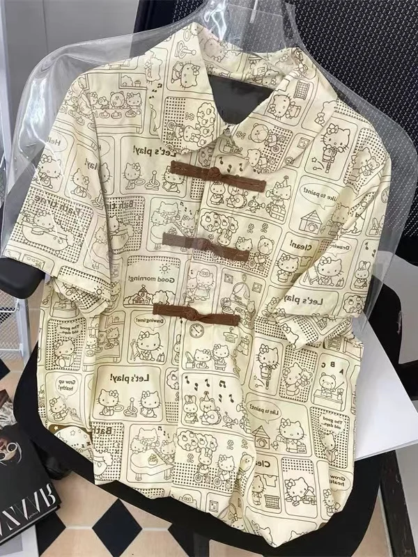 

Vintage Chinese Style Floral Cartoon Shirt Women's Loose Short Sleeve Button up Top Korean Commute Style Summer Fashion