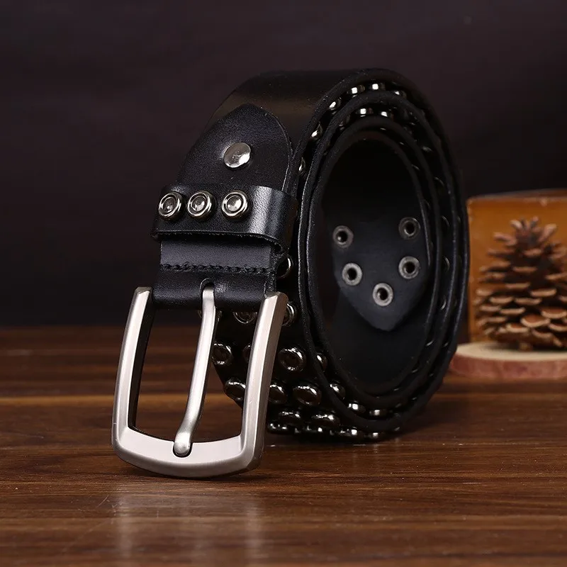Vegetable-tanned handcrafted top layer belt for men leather men's fashion riveted workwear