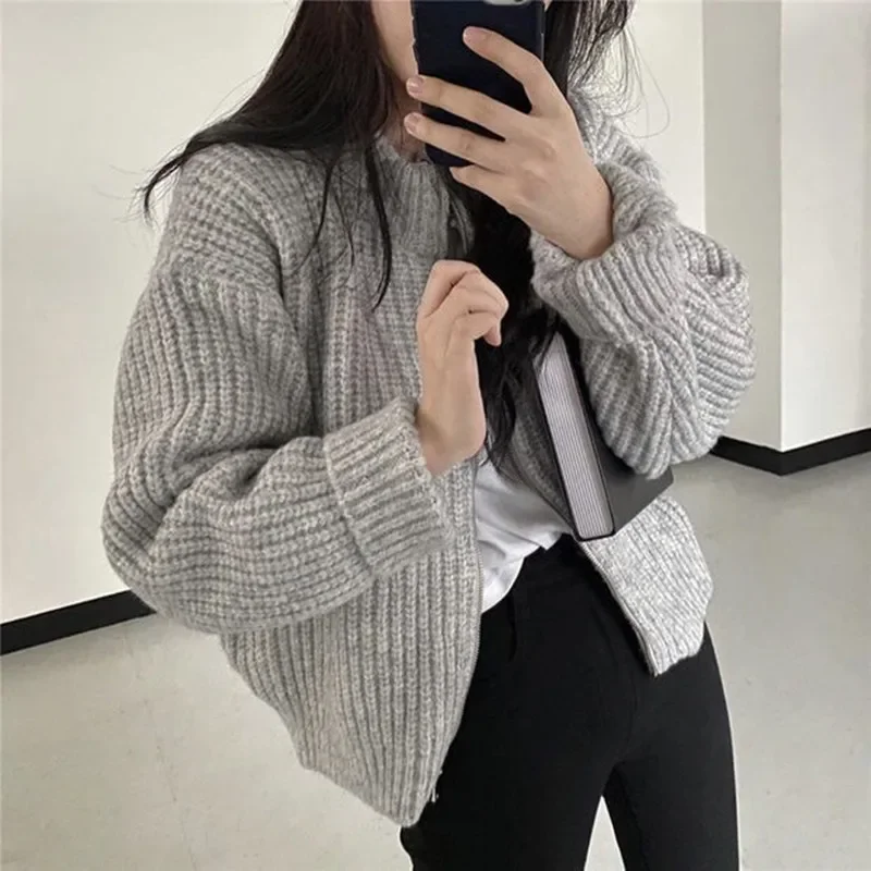 2024 Autumn Women\'s Knitted Jacket New Korean Chic Casual Sweater Coat Solid Color Zipper Thick O Neck Cardigans Women