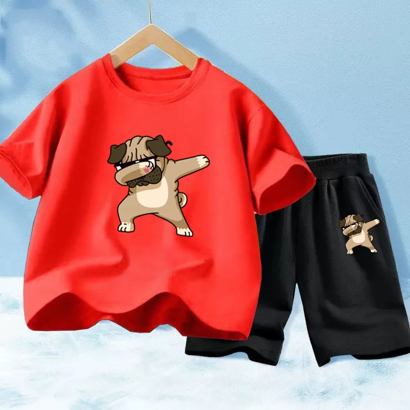 2PCS Children's Sets Kids Clothes Boys Cartoon Dab Dog Print T-shirt Shorts Summer Cotton Short sleeve Children Clothing Suit