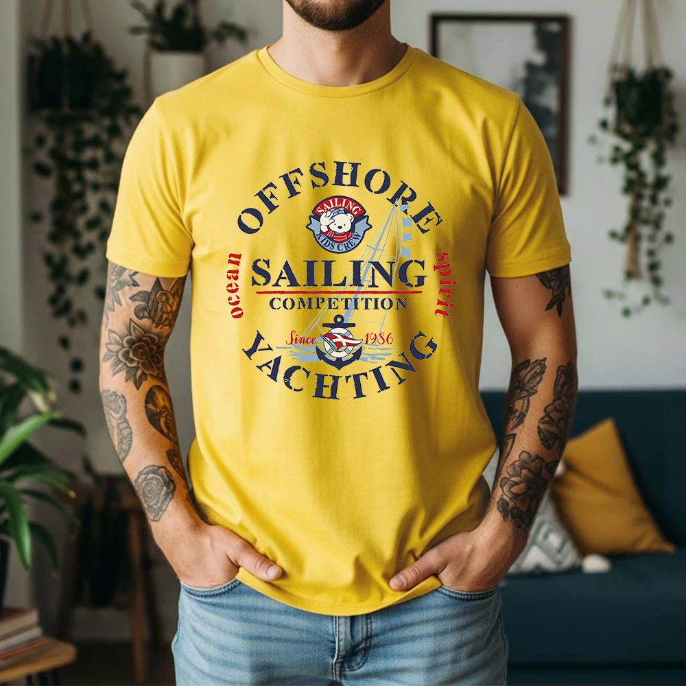 Men's 100% Cotton Short Sleeve T Shirt Retro Ocean Sailing Competition Bear Anchor Graphic Print Breathable Casual Daily Tees
