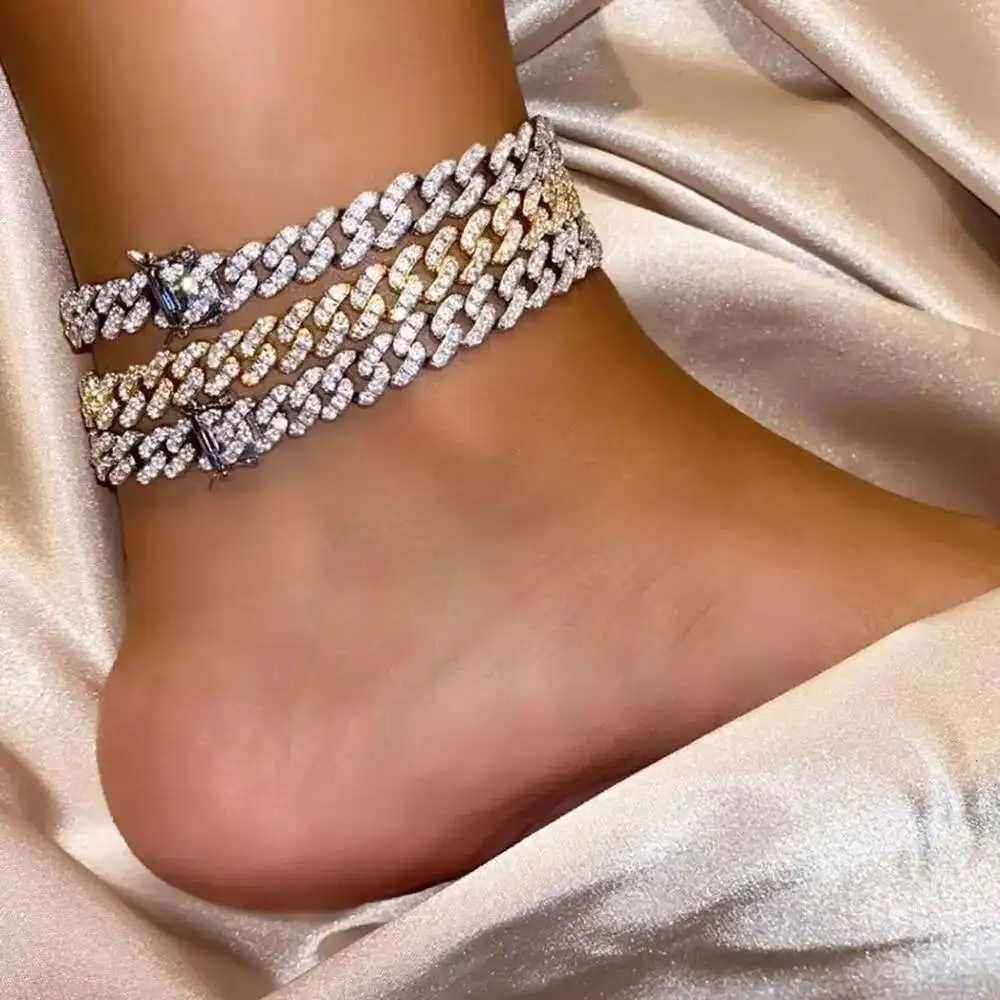Luxury New Arrived Hip Hop Foot Jewelry Ankle Bracelet for Women Yellow Gold Color Cuban Link Chain Ribbon Anklet Bracelet Baref